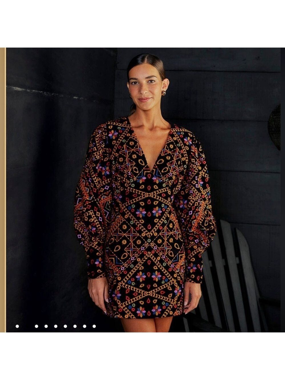 Farm Rio Embroidered Corduroy Puff Sleeve Mini Dress